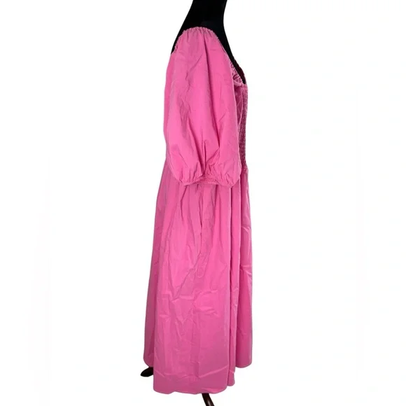 Eloquii Vibrant Barbie Pink Smocked Asymmetric Neck Maxi Dress - Picture 13 of 16